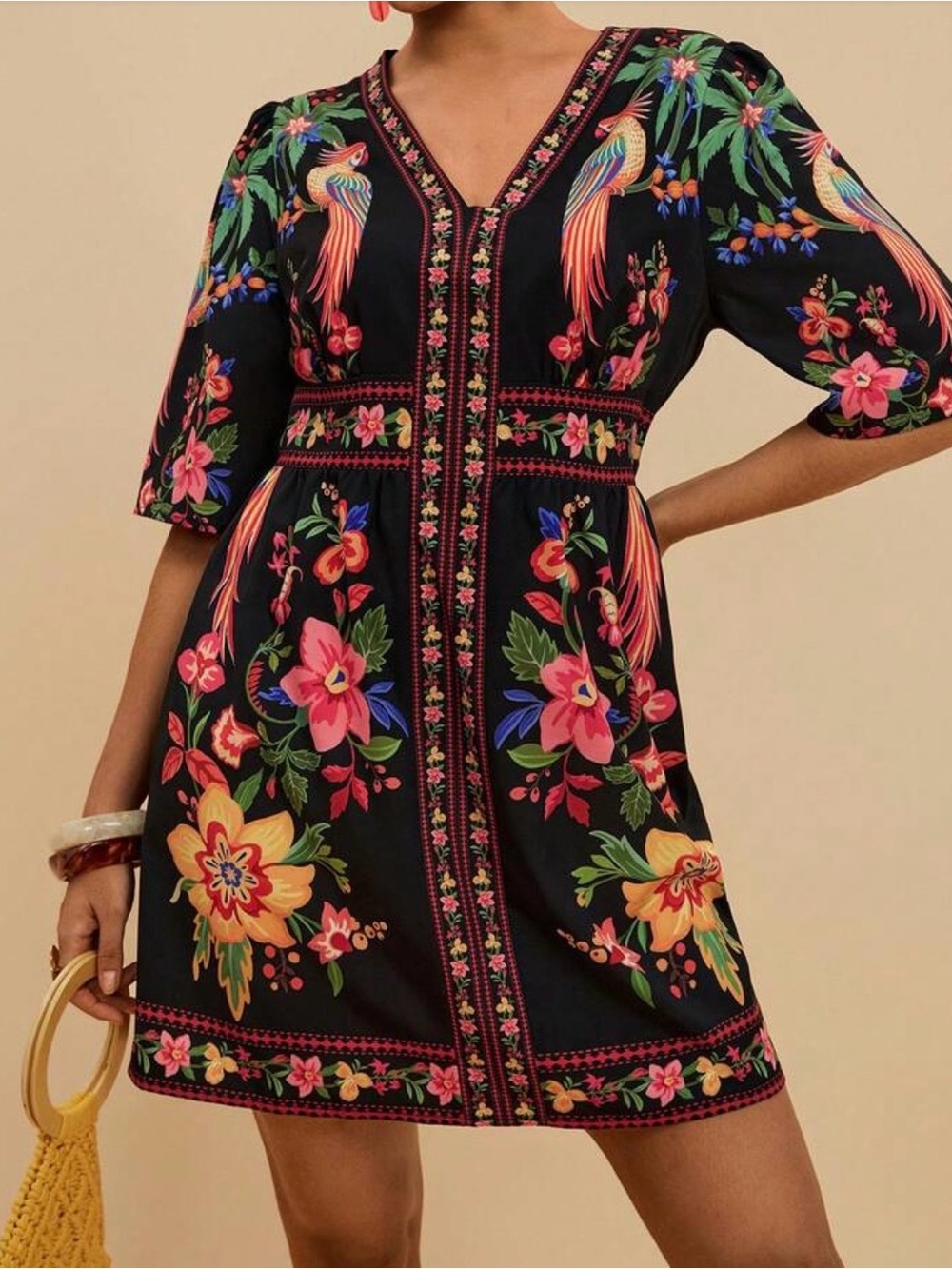 Amazon Black V-Neck Tropical Embroidered Mini Dress with Multicolor Florals - Picture 2 of 4